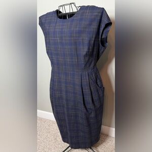 MM Lafleur Navy Plaid Wool Midi Dress Size +1